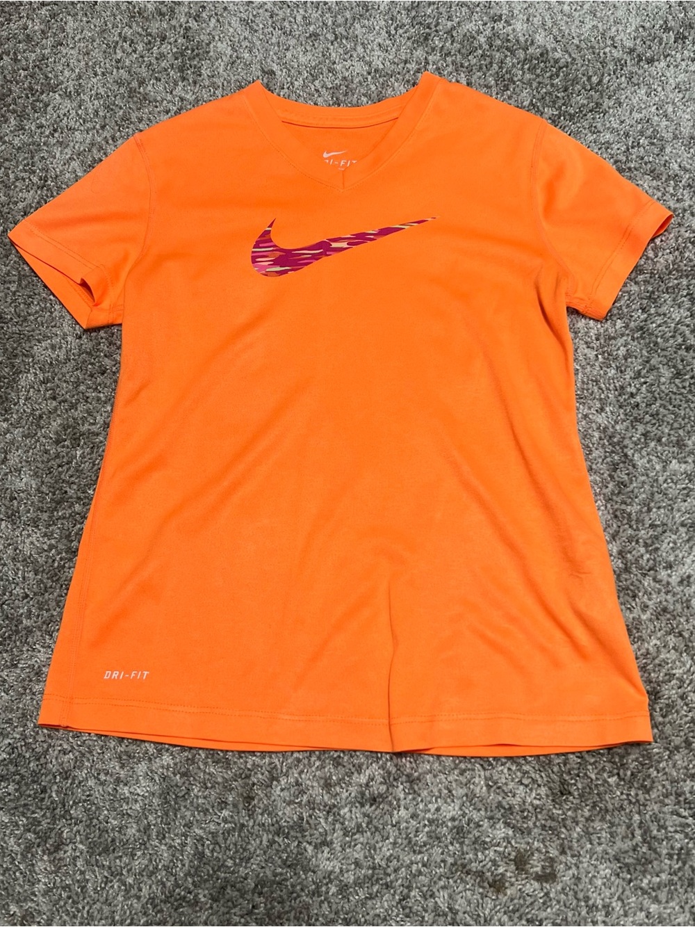 Girls Nike Orange Short Sleeve Dri-Fit Tee with Multicolor Swoosh